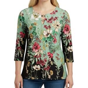 JM Collection Sz Small Green Stretchy Floral Tropical Blouse Shirt Top Artsy